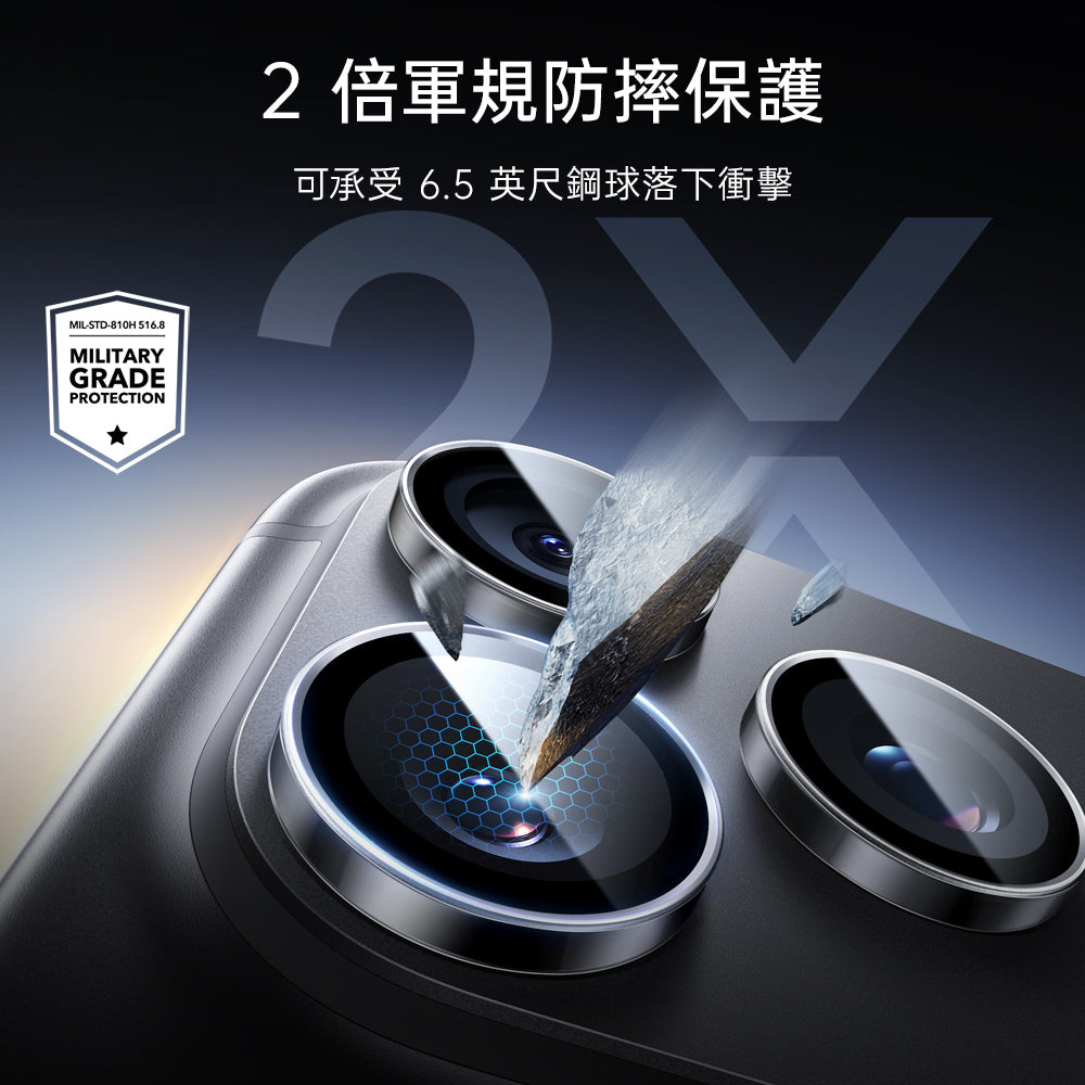 ESR Armorite® 鏡頭保護貼 2 倍軍規防摔保護，抵抗日常碰撞