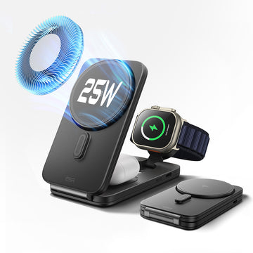 ESR億色 Qi2.2 25W主動散熱快充三合一無線充套裝2C590折疊款 魔力黑
