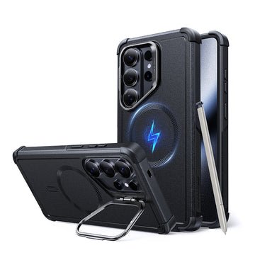 Galaxy S26 Ultra 磁吸鐵甲鏡頭支架手機殼-黑色