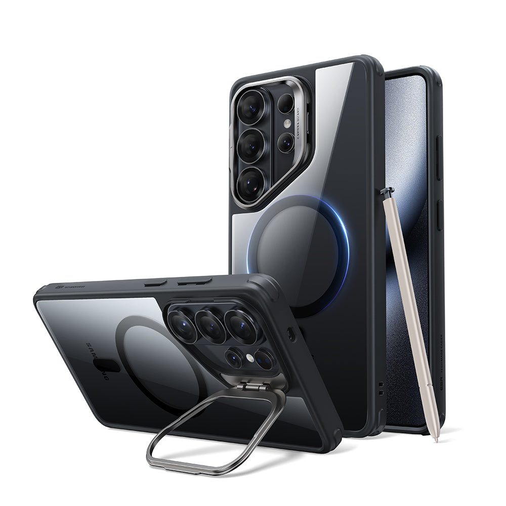 適用於 Galaxy S26 Ultra 磁吸巧匯鏡頭支架手機殼-黑邊剔透白