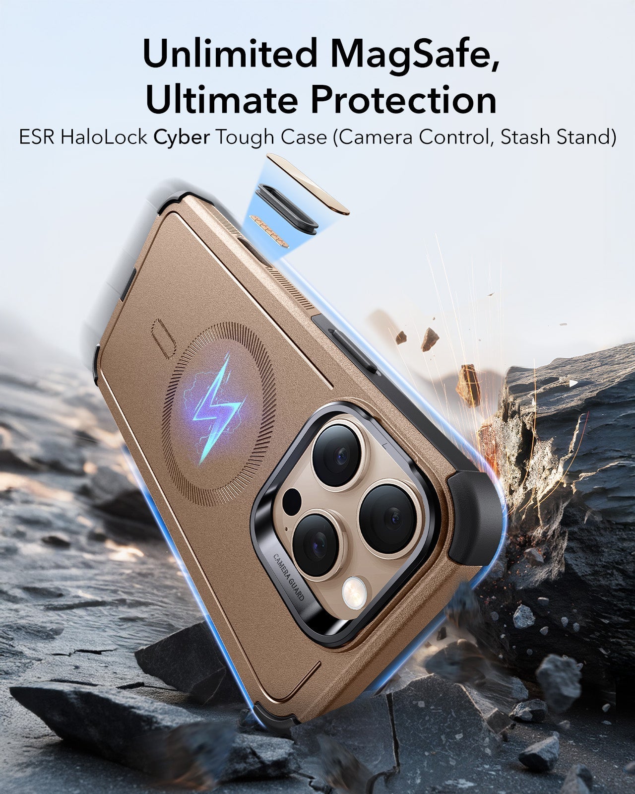 iPhone 16 Pro Cyber Tough Magnetic Case (Camera Control, Stash Stand) - Desert Titanium ESR ESR