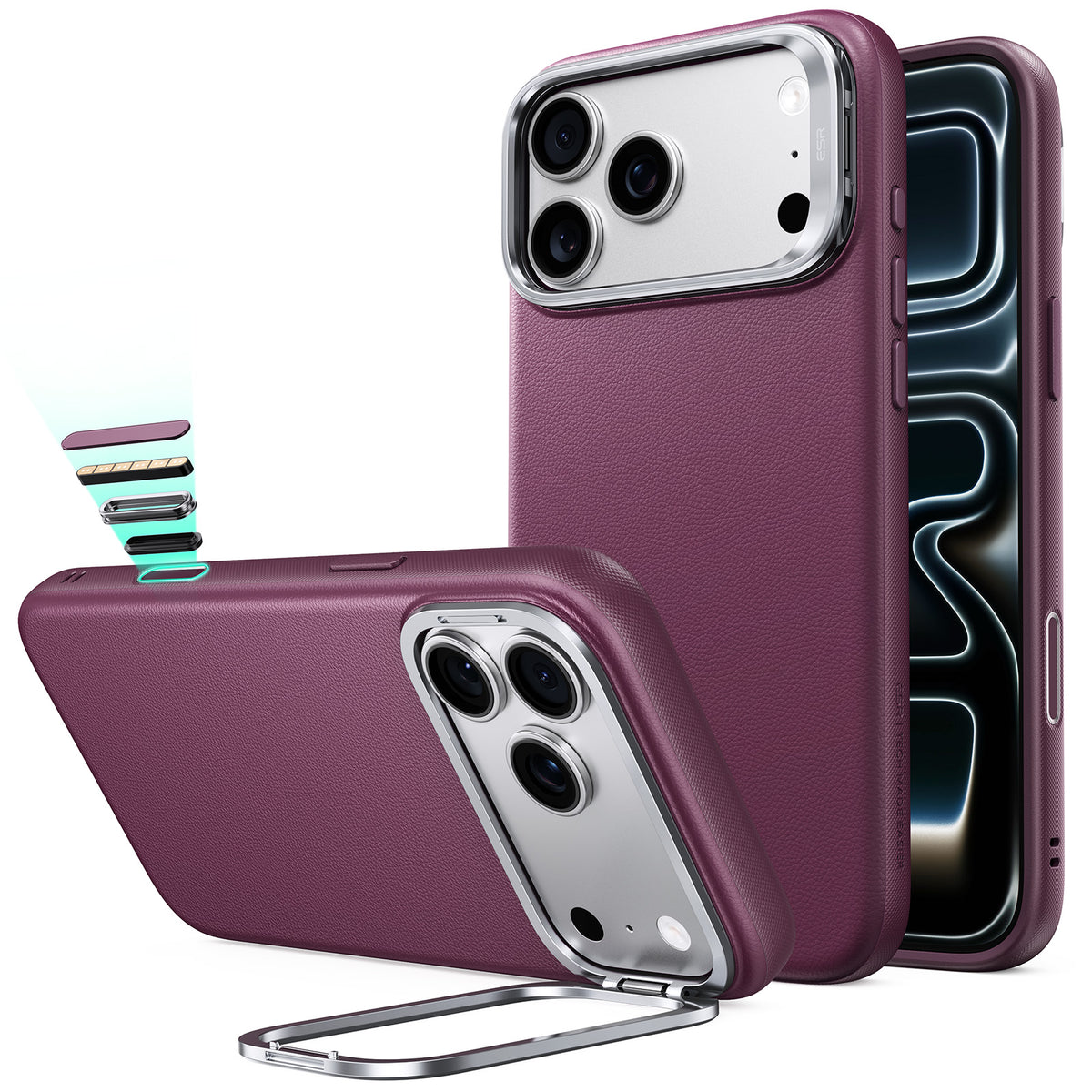 iPhone Pro 雅尚系列酒紅色皮革磁吸支架手機殼斜角展示